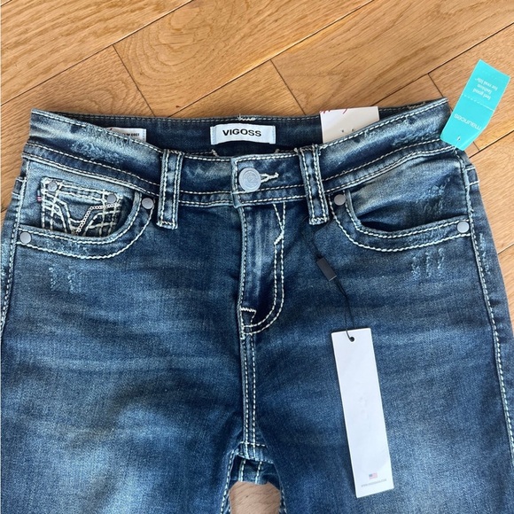 Vigoss Blue Embroidered Jeans Floral Design slim bootcut size 4 34 long midrise - Picture 9 of 11